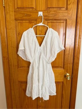 White V-Neck Gauze Mini Dress